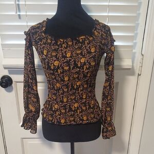 Lucy Paris Black Floral Smocked Long-Sleeve Peasant Top with Floral Print